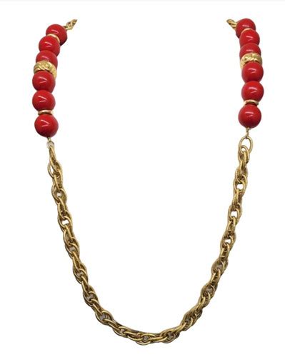 Vintage 1977 Signed Givenchy Goldtone Red Sautoir Necklace